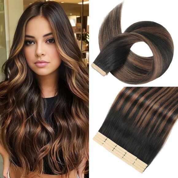 New 20Pcs 14 Inch Natural Black Mixed Chestnut Brown Tape-in Hair Extensions